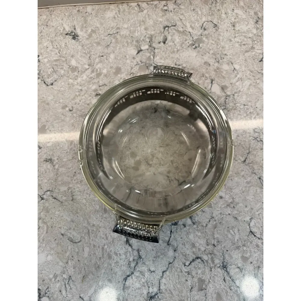 Vintage Pyrex Glass Casserole Dish  w Silver-plated Metal Serving Stand